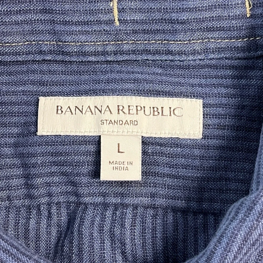 Banana Republic Standard Shirt Mens L Blue Striped 100% Linen Short Sleeve